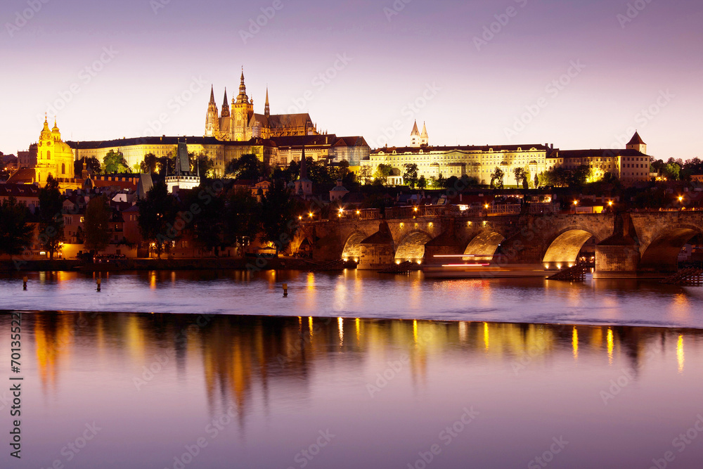 Night panorama of Prague, Czech Republic. Castle, Charles Bridge