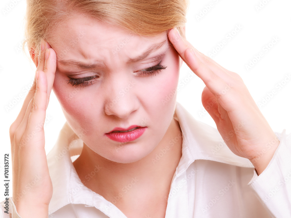 Headache. Woman suffering from head pain isolated. Headache. Woman suffering from head pain isolated.