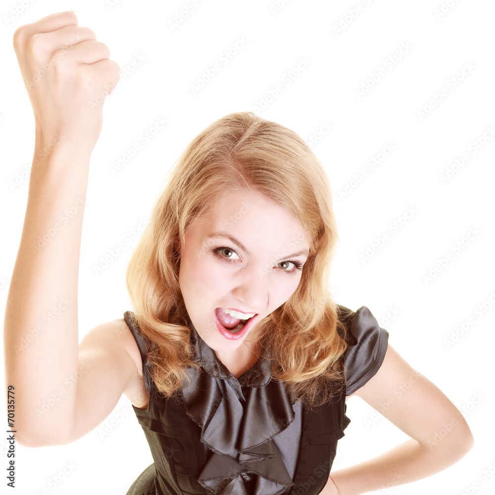 Naklejka premium Angry businesswoman furious woman shaking fist at you