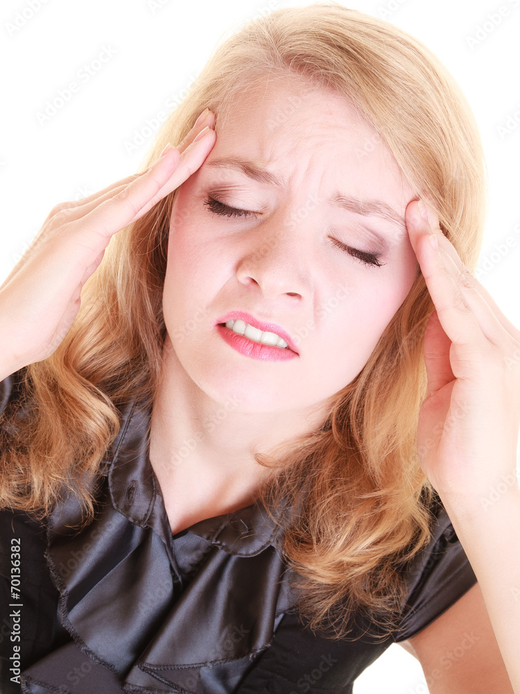 Headache. Woman suffering from head pain isolated. Headache. Woman suffering from head pain isolated.