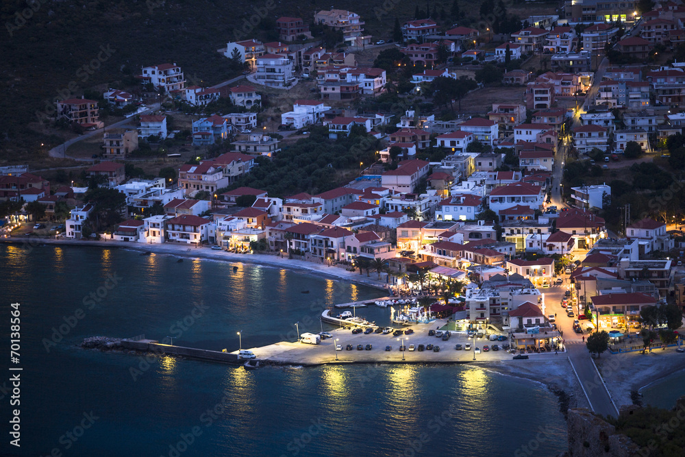 Marina of Monemvasia at night time in Greece.