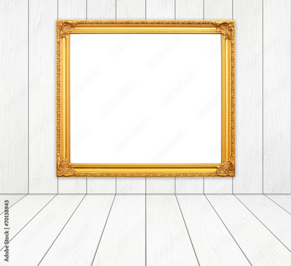 blank golden frame in room with white wood wall and wood floor blank golden frame in room with white wood wall and wood floor