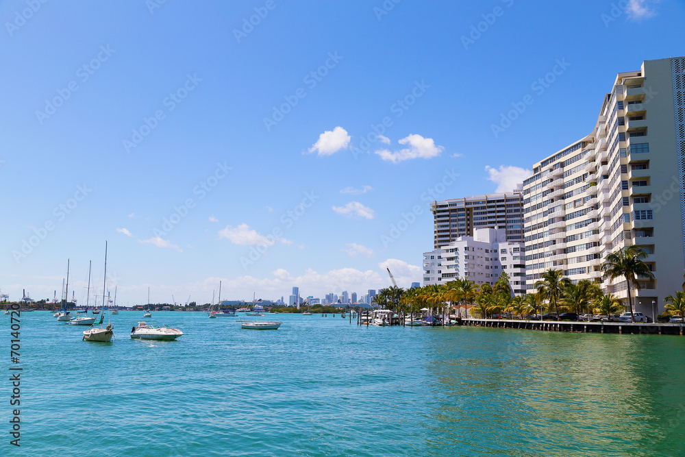 Miami city skyline from the waters of Miami Beach.