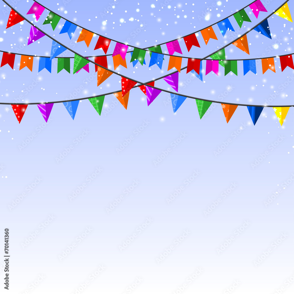 Obraz premium Winter blue background with a garland of paper flags. Vector ill
