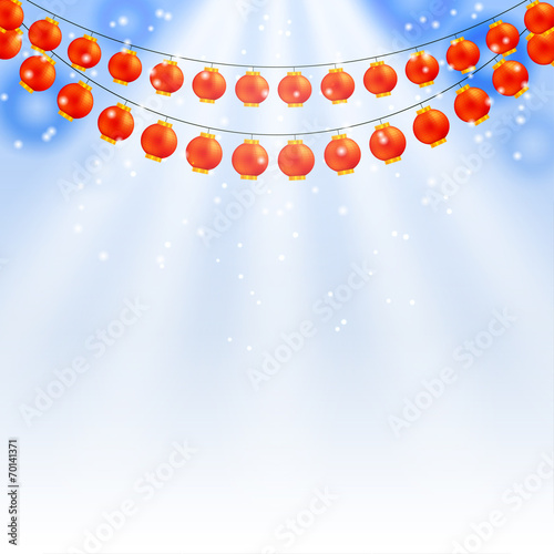 Winter blue background and garland of Chinese lanterns. Vector i