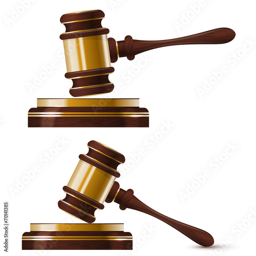 Set of two wooden gold hammer of the judge. Isolated. Vector ill