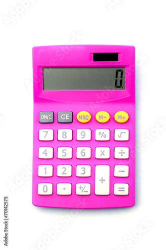 pink calculator isolated on white background. photo