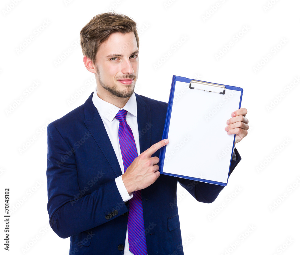 Businessman finger point to clipboard Businessman finger point to clipboard