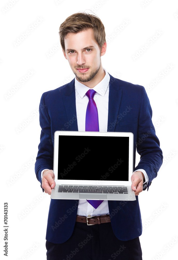 Businessman show with blank screen of laptop computer Businessman show with blank screen of laptop computer