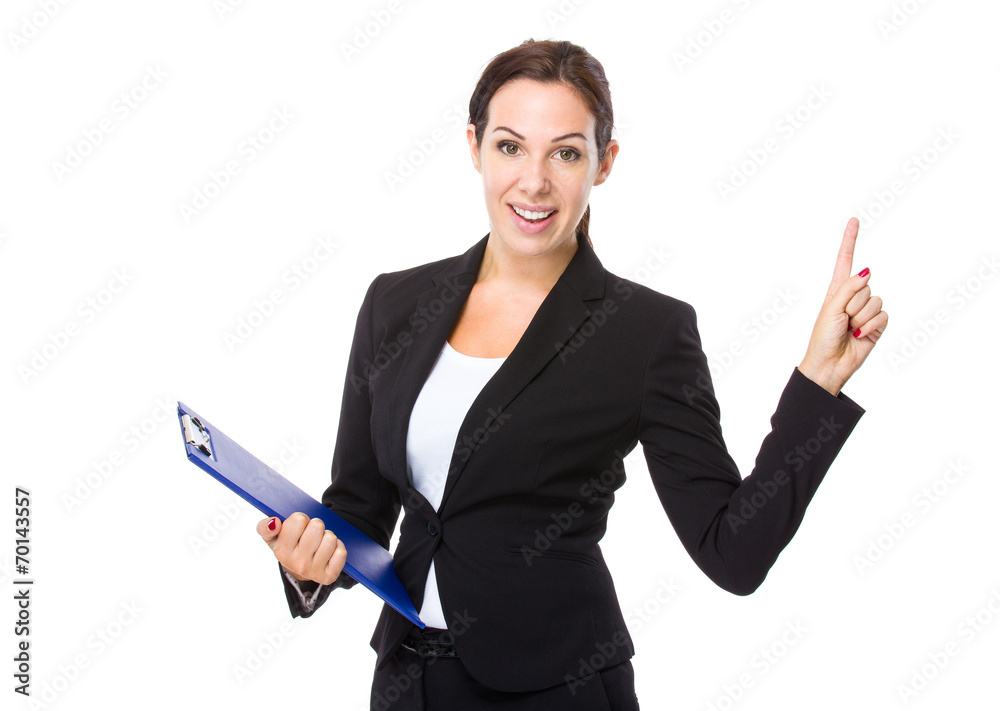 Businesswoman with clipboard and finger point up Businesswoman with clipboard and finger point up