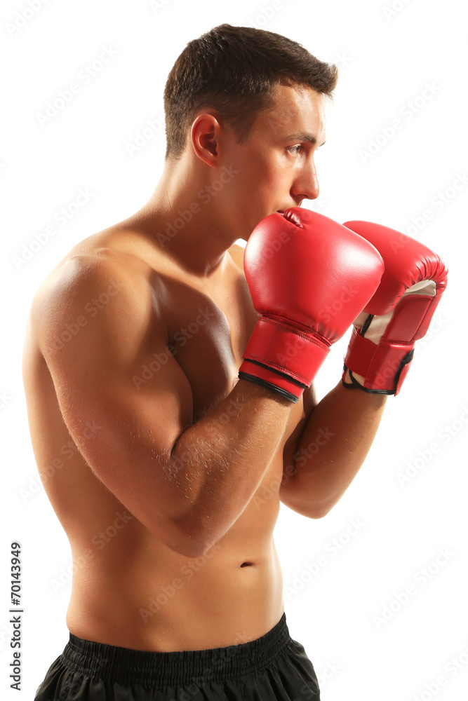 Handsome young muscular sportsman with boxing gloves isolated Handsome young muscular sportsman with boxing gloves isolated