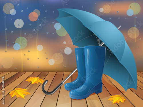 Fall, leaves, umbrella and wellingtons.