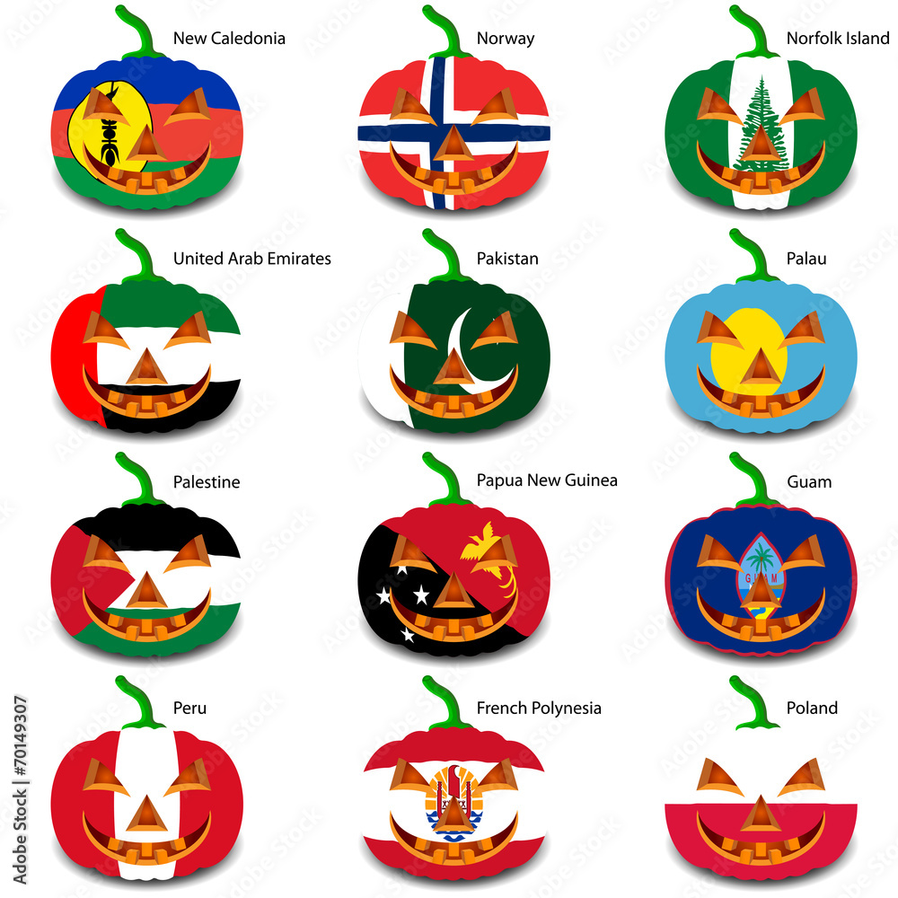 Set pumpkins for Halloween as a flags of the world. Vector illus Set pumpkins for Halloween as a flags of the world. Vector illus