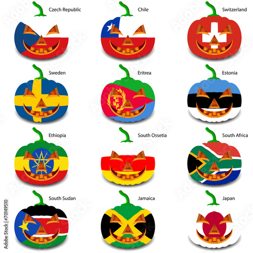 Set pumpkins for Halloween as a flags of the world. Vector illus