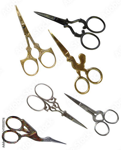 Antique scissors with clipping paths. Collection of golden vinta