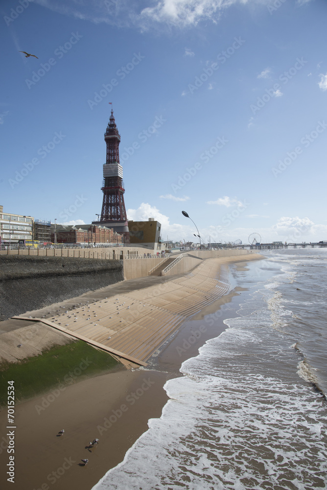 Blackpool seafront seen from North Pier England UK
