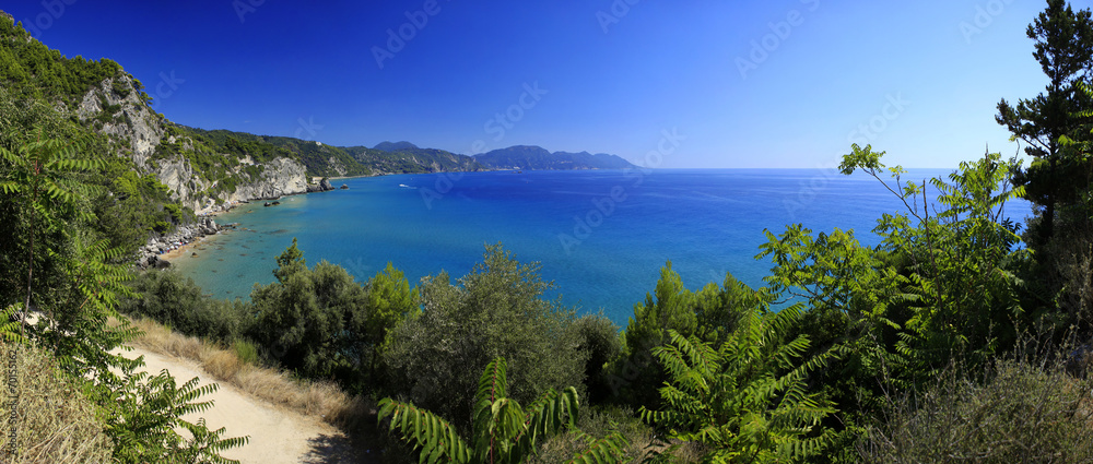 Panorama - Mirtiotissa Beach, Korfu - obrazy, fototapety, plakaty 