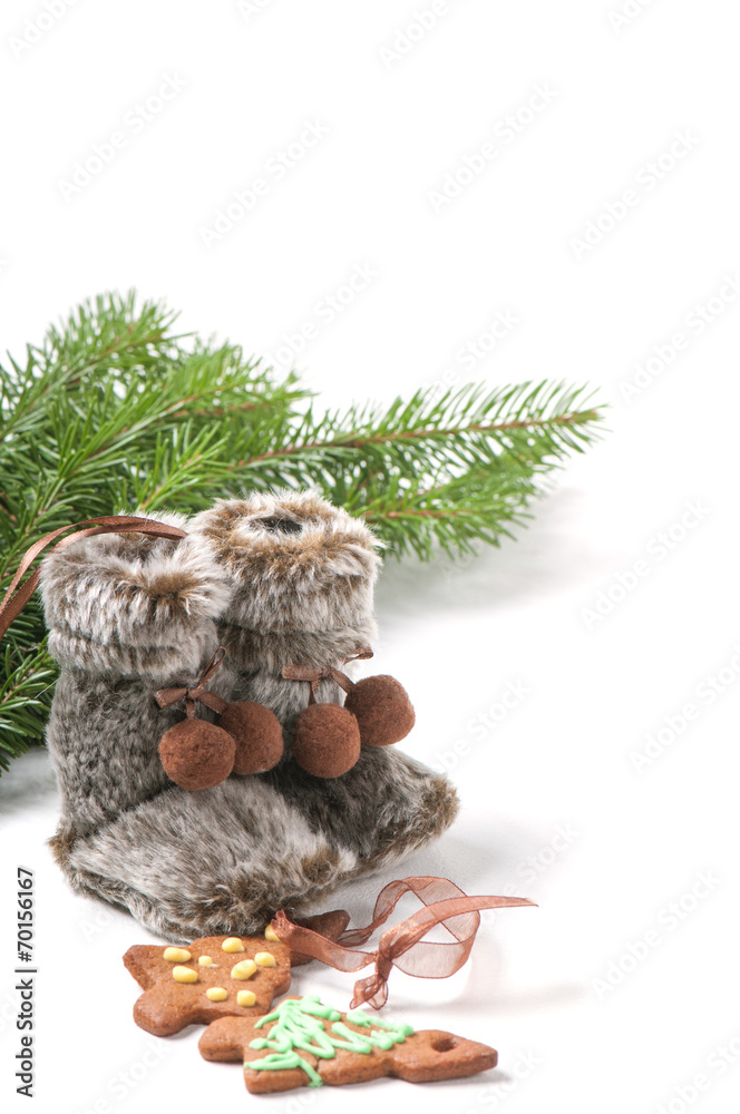 Winter boots, christmas tree and ginger cookies Winter boots, christmas tree and ginger cookies