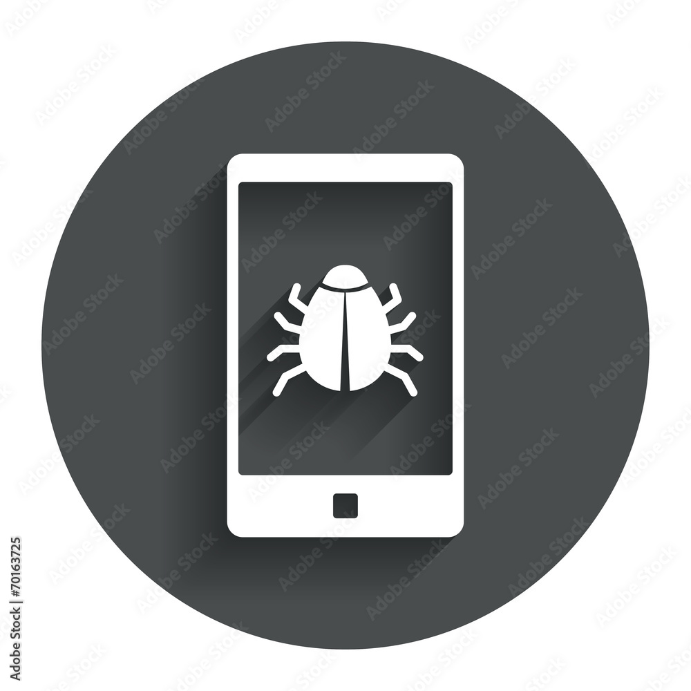 Smartphone virus sign icon. Software bug symbol. Smartphone virus sign icon. Software bug symbol.