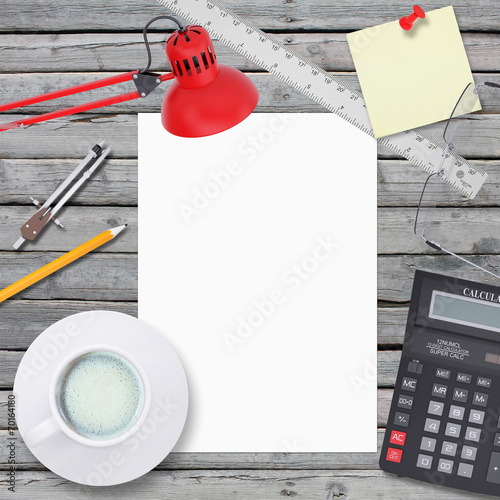 Foto Office desktop. Chancellery, white sheet and lamp