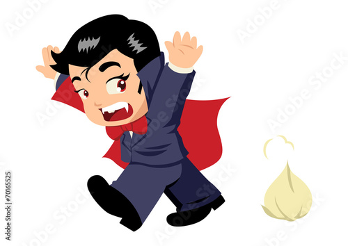 Cute cartoon of Dracula afraid of garlic