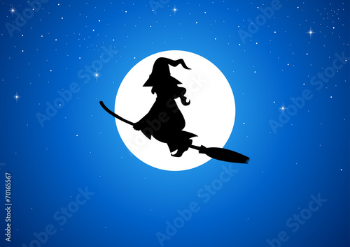 Cartoon of a witch flying with her broom during full moon