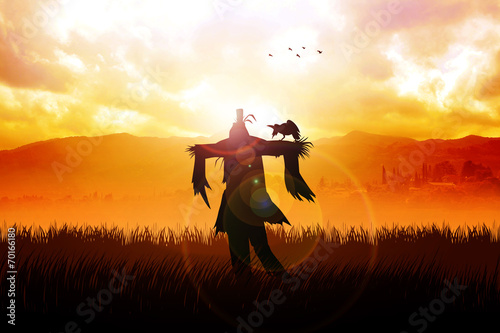 Fotografie Silhouette of a scarecrow on a field