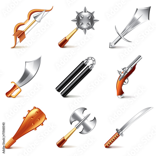 Old weapons for games icons vector set