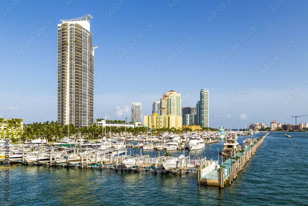 Miami south beach marina with skyline