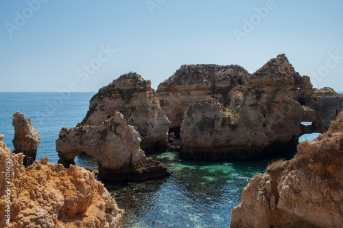 Algarve coast  Portugal. Rocks in the shoreline and blue water