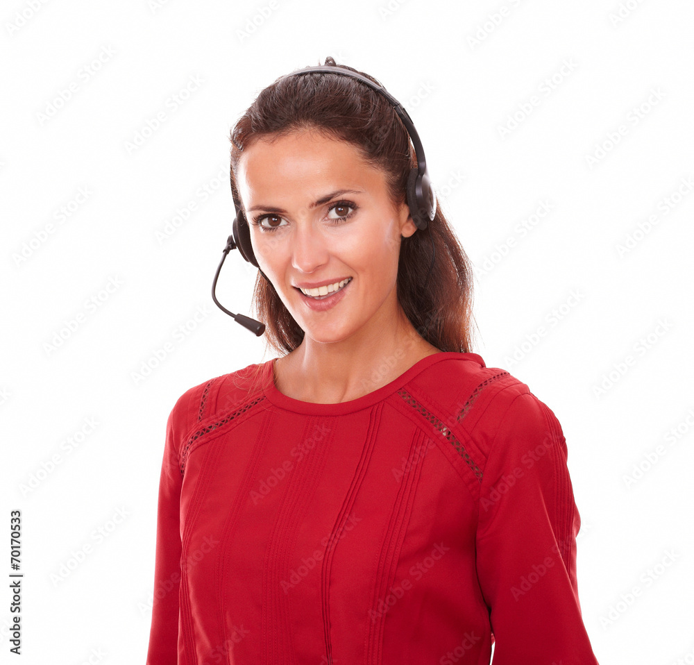 Charismatic young lady speaking on headphones Charismatic young lady speaking on headphones