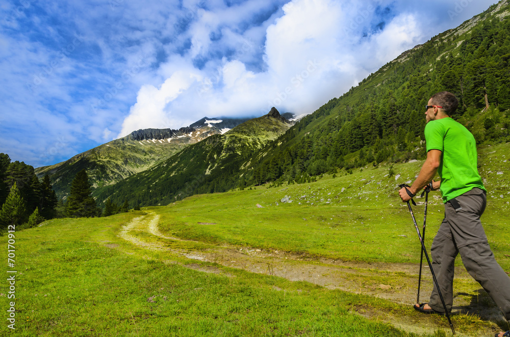 Man at one of the mountain trails, Zillertal Alps, Austria