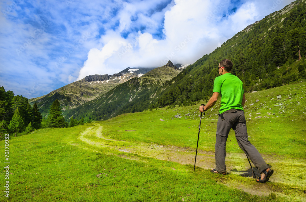 Man at one of the mountain trails, Zillertal Alps, Austria