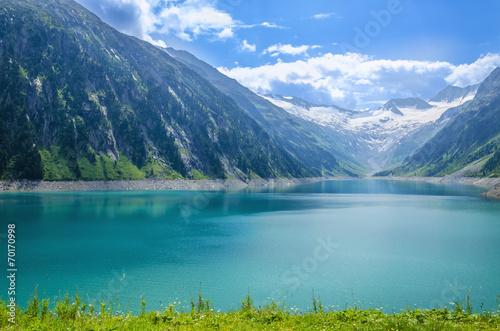 View of Alpine lake Schlegeis, Zillertal Valley, Austrian Alps