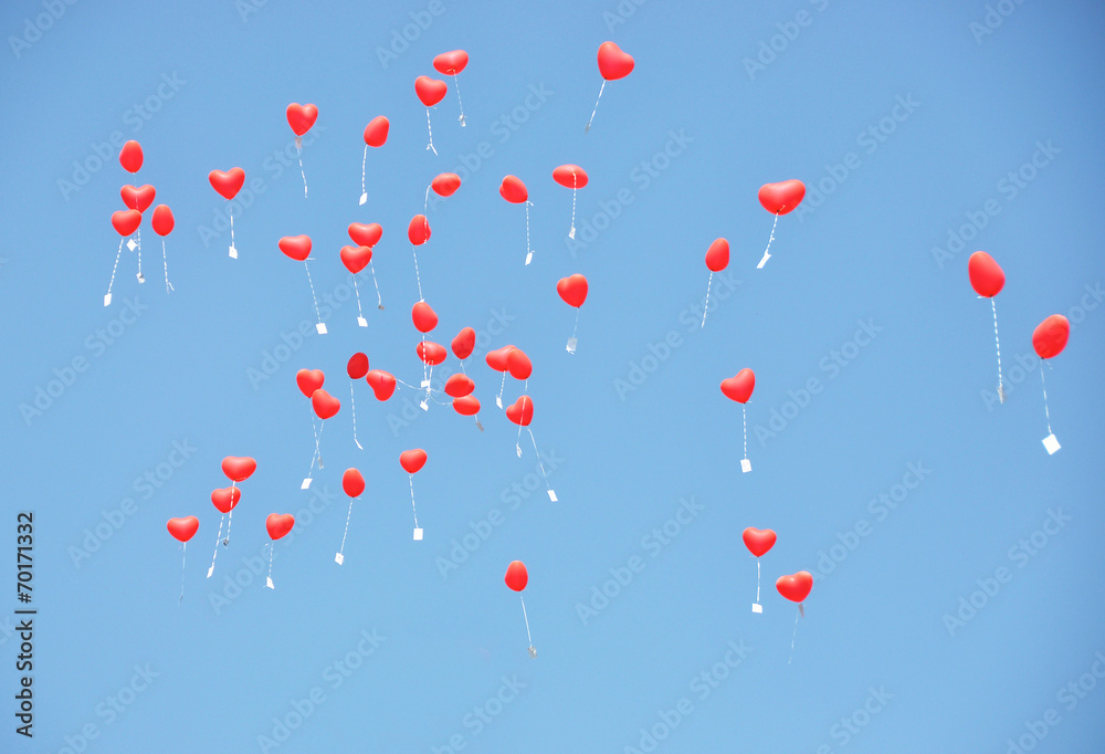 Red ballons with the messages in the blue sky Red ballons with the messages in the blue sky