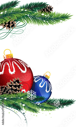 Christmas baubles with fir tree branches
