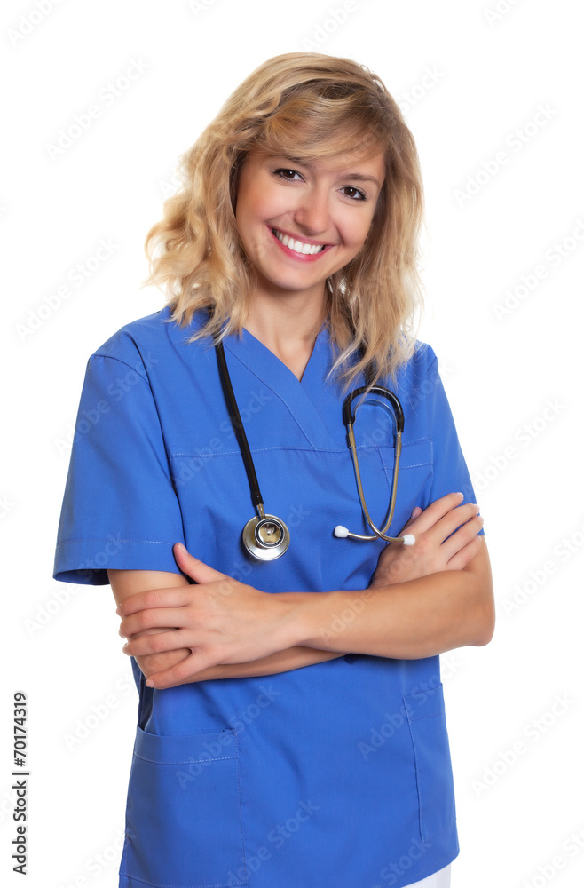 Lachende Krankenschwester mit blonden Haaren Lachende Krankenschwester mit blonden Haaren