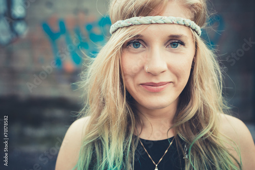 beautiful young blonde hair woman hipster photo