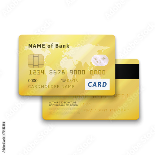 Set of detailed glossy gold credit card with two sides