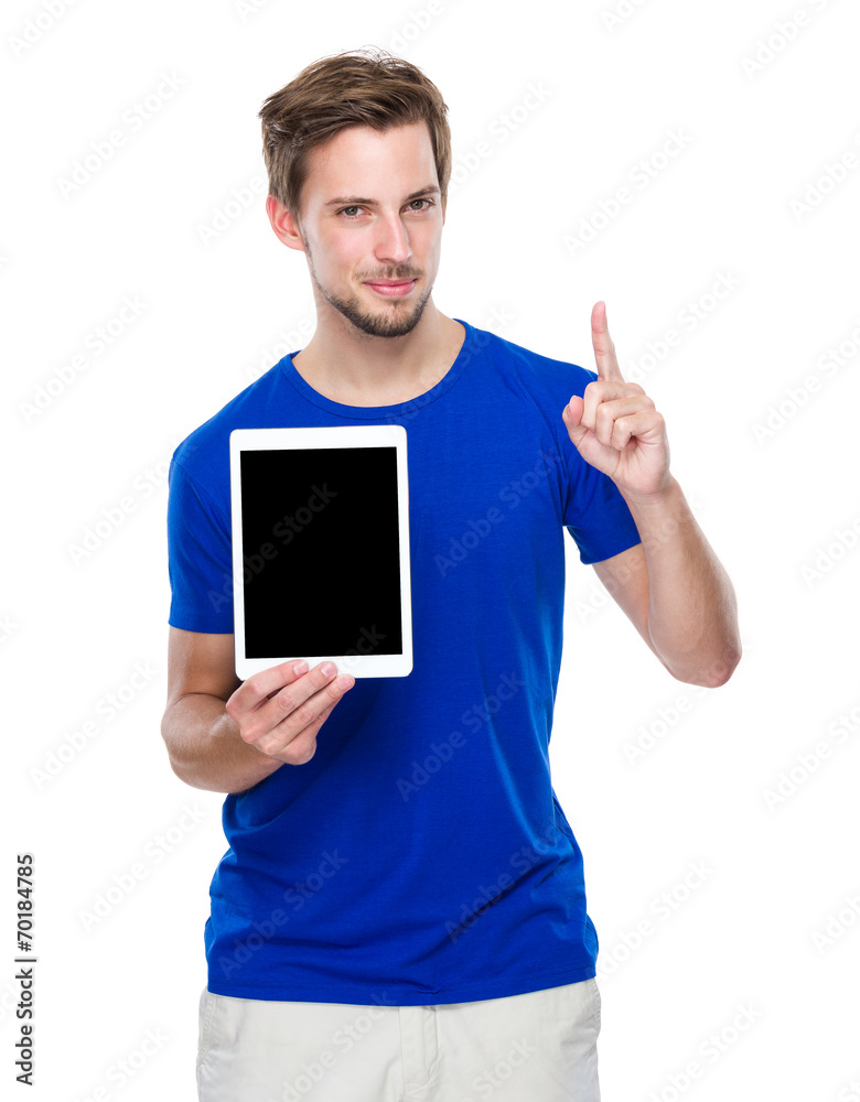Man show with the blank screen of tablet and finger point up Man show with the blank screen of tablet and finger point up