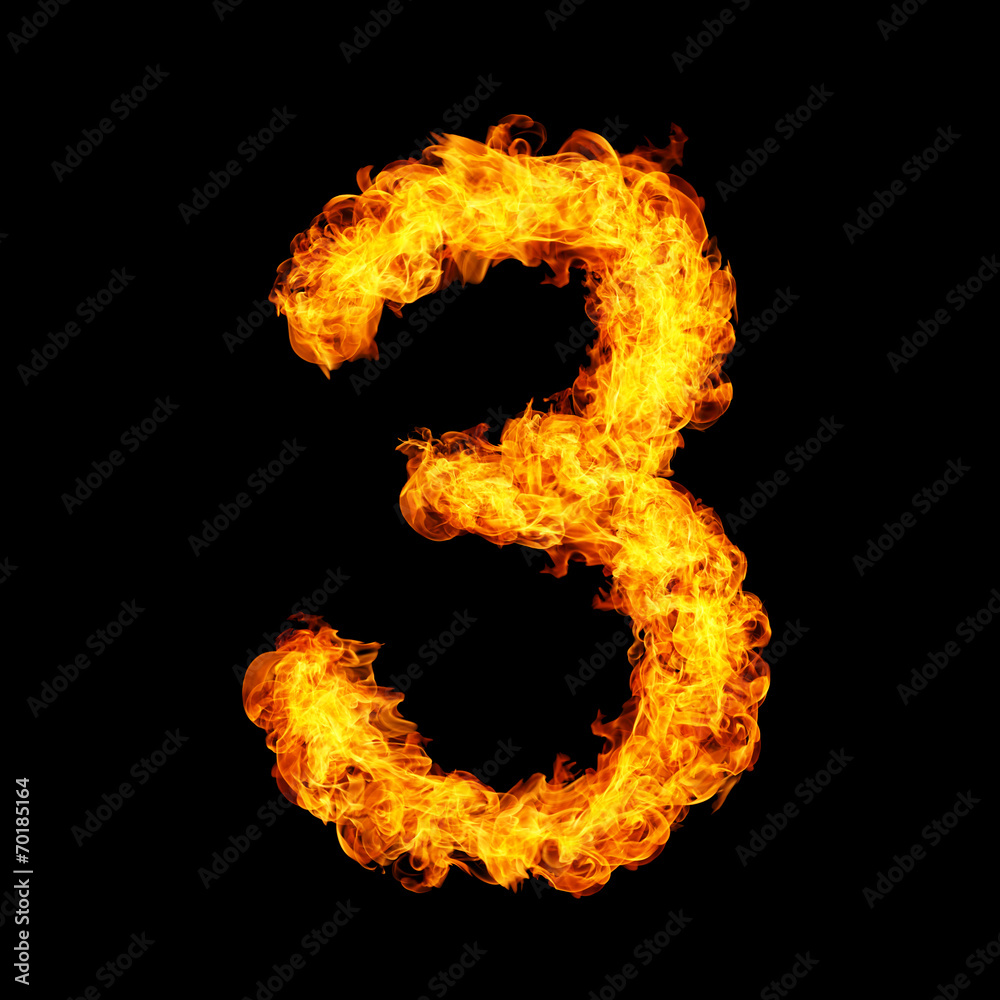 Number Three made from fire flame