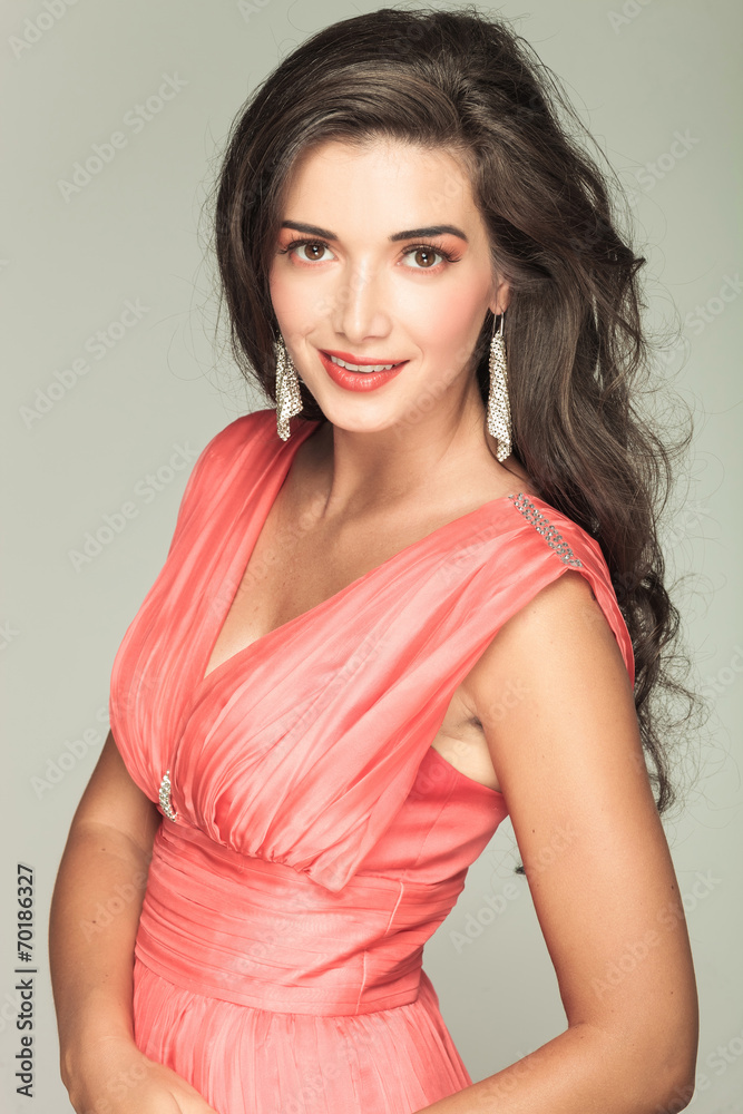 happy beautiful woman in red dress smiling happy beautiful woman in red dress smiling