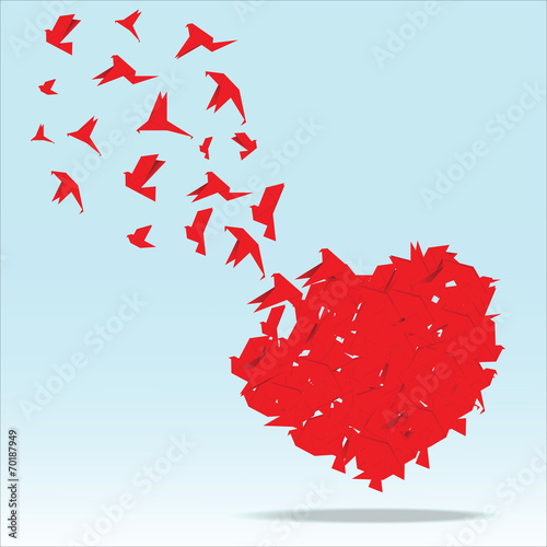 Red heart with origami bird vector illustration.