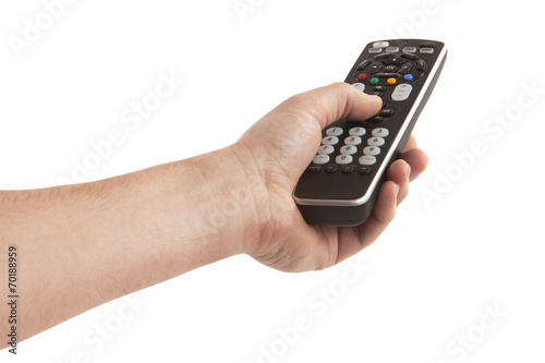 Person hand holding remote control