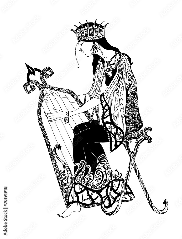 Fototapeta premium Graphic black and white illustration. A woman playing the harp
