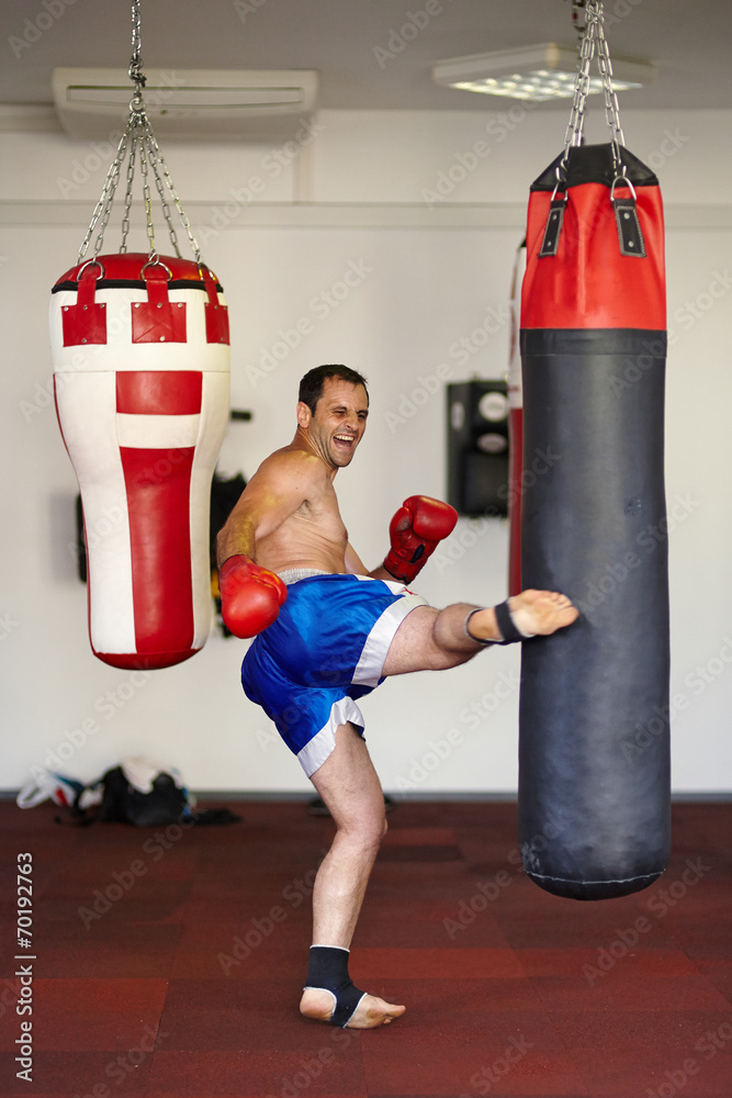 Fighter kicking the punch bag