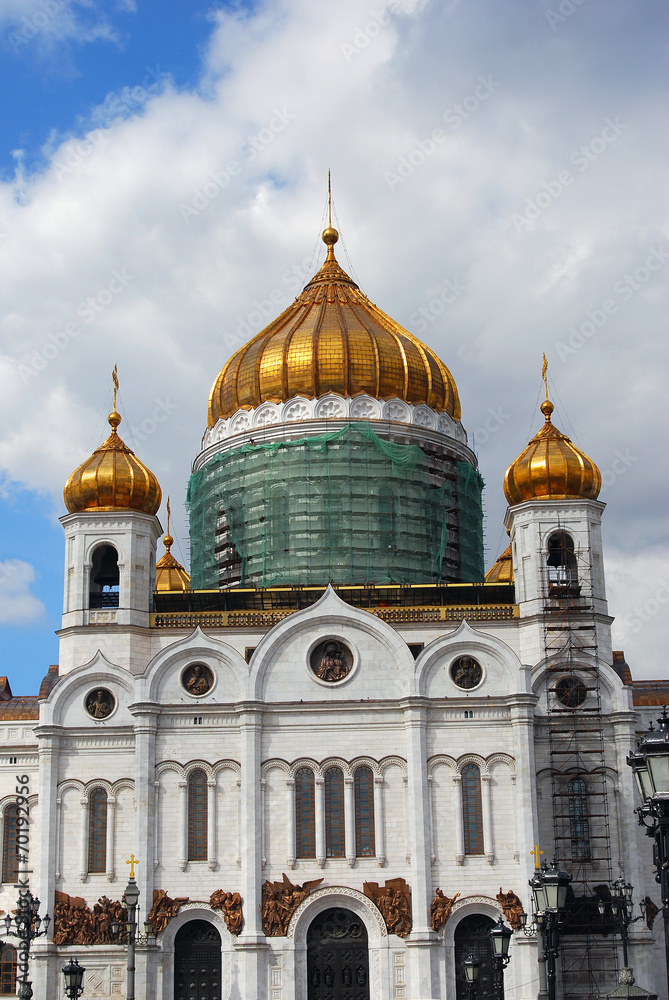 Christ the Savior Church in Moscow. Blue sky with clouds.