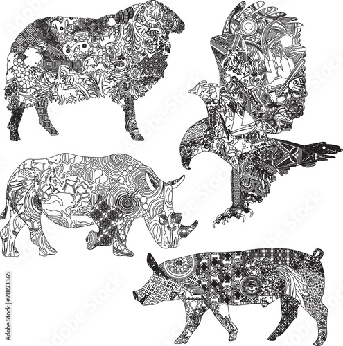 set of animals in the ethnic ornaments