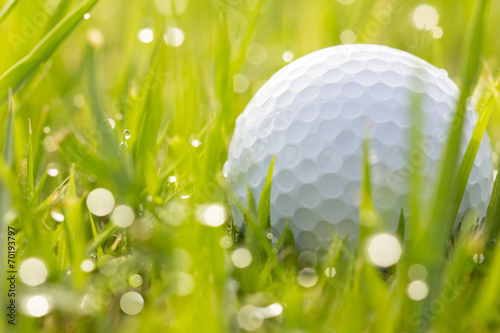 Golf ball on grass with water drops