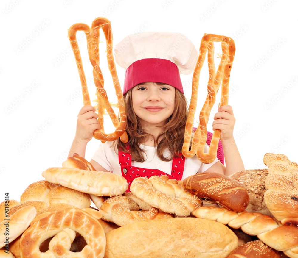 little girl cook with pastry pretzels and breads little girl cook with pastry pretzels and breads
